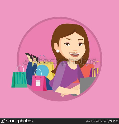 Woman using laptop for online shopping. Woman lying with laptop and making online shopping order. Woman doing online shopping. Vector flat design illustration in the circle isolated on background.. Woman shopping online vector illustration.