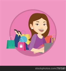 Woman using laptop for online shopping. Woman lying with laptop and making online shopping order. Woman doing online shopping. Vector flat design illustration in the circle isolated on background.. Woman shopping online vector illustration.