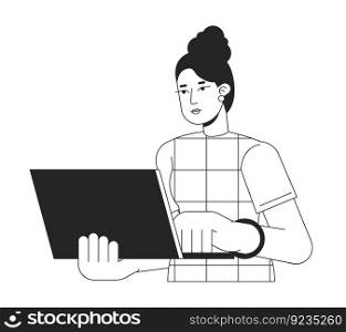 Woman using laptop in office bw vector spot illustration. Female task manager typing 2D cartoon flat line monochromatic character on white for web UI design. Editable isolated outline hero image. Woman using laptop in office bw vector spot illustration
