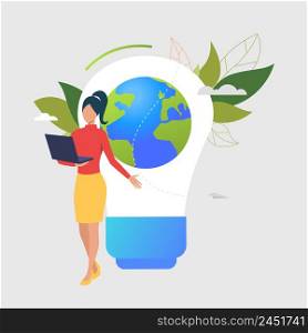 Woman using laptop, light bulb, Earth globe and green leaves. Innovation, idea, computer, eco concept. Vector illustration can be used for topics like environment, technology, ecology. Woman using laptop, light bulb, Earth globe and green leaves