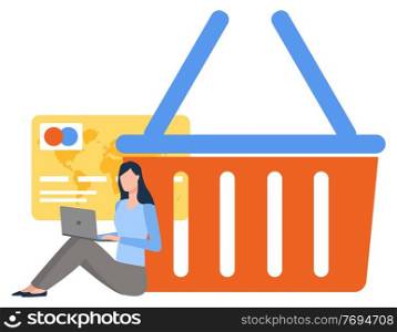 Woman using laptop, pay card and truck symbol, shopping element. Female character sitting with computer, purchase online, logistics worldwide b2b, cash online, shopper and e-commerce, website vector. Purchase Online, Credit Card and Truck Vector