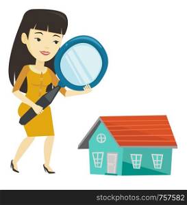 Woman using magnifying glass for looking for a new house. Woman with a magnifying glass checking house. Woman analyzing house with loupe. Vector flat design illustration isolated on white background.. Woman looking for house vector illustration.