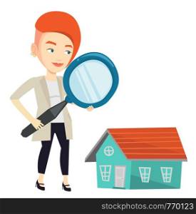 Woman using magnifying glass for looking for a new house. Woman with a magnifying glass checking a house. Woman analyzing house with loupe. Vector flat design illustration isolated on white background. Woman looking for house vector illustration.