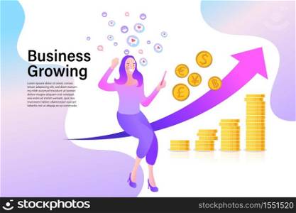 Woman using mobile app for online banking and business growing. Mobile Currency Exchange Service. Flat Cartoon Vector Illustration