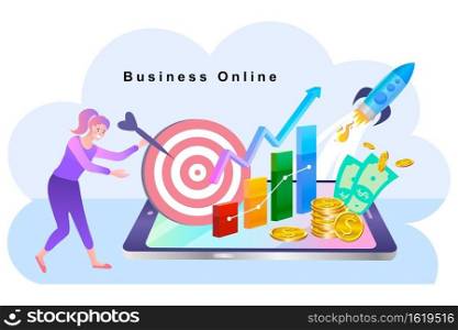 Woman Using Mobile Apps for Online Banking and Growing Business, Flat Cartoon Vector Illustration