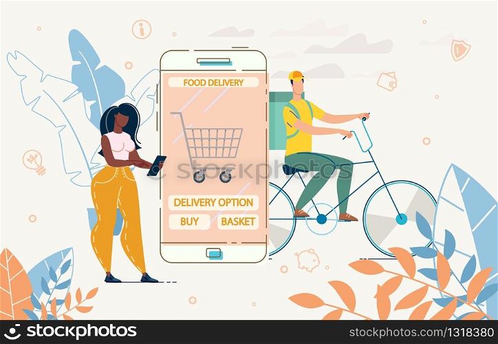 Woman Using Mobile Gadget Application for Order Food Basket Selection, Purchase and Home Delivery. Afro-American Lady with Huge Phone. Deliveryman with Package on Bicycle. E-commerce Customer. Lady Use Mobile App for Order Food Basket Delivery