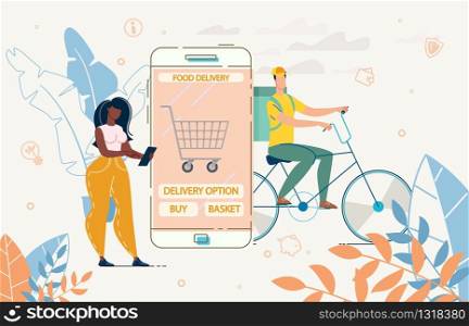 Woman Using Mobile Gadget Application for Order Food Basket Selection, Purchase and Home Delivery. Afro-American Lady with Huge Phone. Deliveryman with Package on Bicycle. E-commerce Customer. Lady Use Mobile App for Order Food Basket Delivery