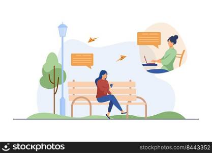 Woman using mobile phone to work outside. Park, job, mobility. Flat vector illustration. Freelancing concept can be used for presentations, banner, website design, landing web page