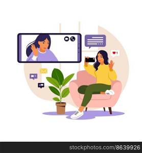 Woman using phone for collective virtual meeting and group video conference. Woman chatting with friends online. Video conference, remote work, technology concept.