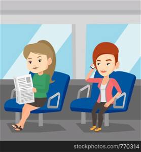Woman using phone while traveling by public transport. Woman reading newspaper in public transport. People traveling by public transport. Vector flat design illustration isolated on white background.. People traveling by public transport.