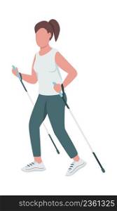 Woman using trekking poles in trail running semi flat color vector character. Running figure. Full body person on white. Simple cartoon style illustration for web graphic design and animation. Woman using trekking poles in trail running semi flat color vector character