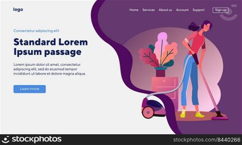 Woman using vacuum cleaner at home. Cleaning floor, domestic appliance, tool. Flat vector illustrations. Cleanup, hygiene, chores concept for banner, website design or landing web page