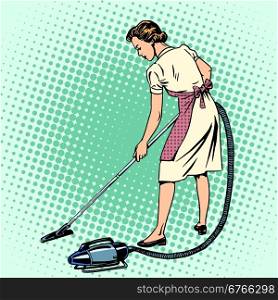 Woman vacuuming the room housewife housework comfort. Woman vacuuming the room housewife housework comfort retro style pop art. Also the theme of the hotels and hospitality service