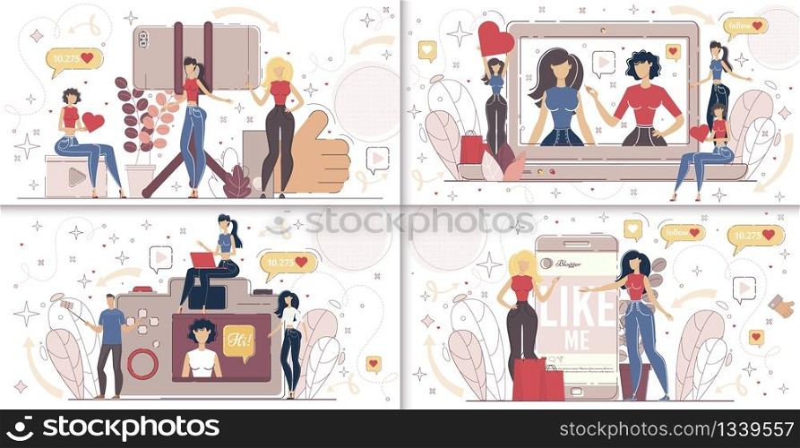 Woman Video Blogger, Beauty and Lifestyle Vloggers, Social Media Influencer Characters Set. People Streaming with Mobile Phone, Watching Online Video, Liking Posts Trendy Flat Vector Illustration