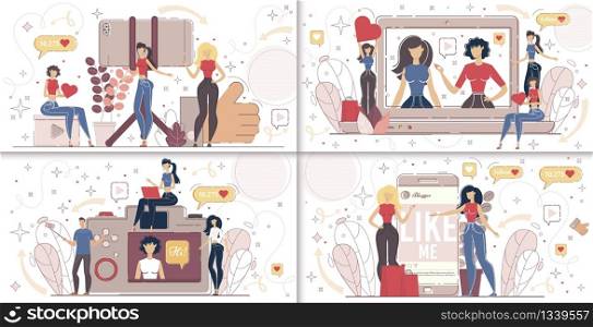 Woman Video Blogger, Beauty and Lifestyle Vloggers, Social Media Influencer Characters Set. People Streaming with Mobile Phone, Watching Online Video, Liking Posts Trendy Flat Vector Illustration