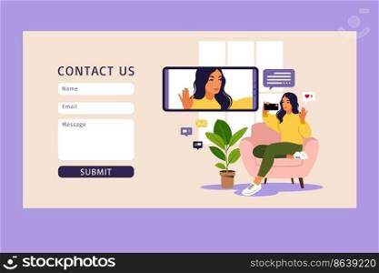 Woman video blogger sitting on sofa with phone and recording video with smartphone. Contact us. Different social media icons. Vector illustration in flat style.