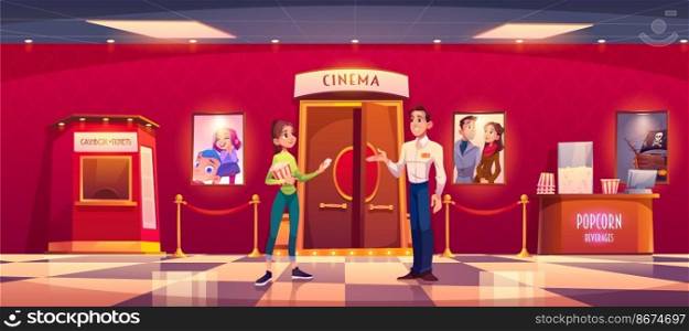 Woman visit cinema give ticket to man controller front of hall entrance. Young girl with popcorn stand in movie theater lobby with cashbox, film posters and red rope fence, cartoon vector illustration. Woman visit cinema give ticket to man controller