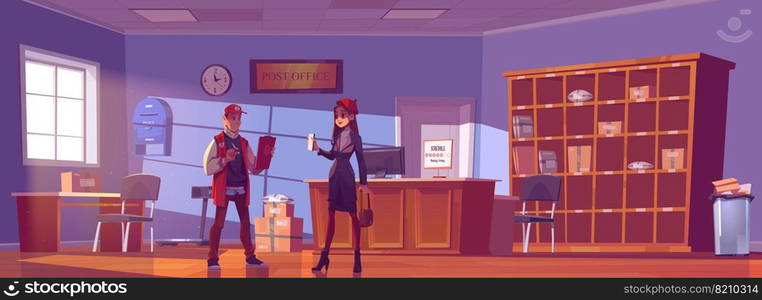 Woman visit post office. Young girl show letter to man employee on reception desk with parcels lying on shelves. Mail delivery service, postage, female customer get package cartoon vector illustration. Woman visit post office, mail delivery service