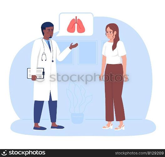 Woman visiting doctor for lungs checkup 2D vector isolated illustration. Medical consultation flat characters on cartoon background. Hospital colourful scene for mobile, website, presentation. Woman visiting doctor for lungs checkup 2D vector isolated illustration