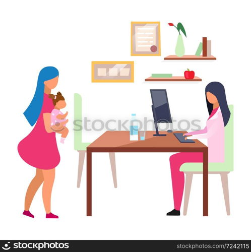 Woman visiting pediatrician flat vector illustration. Young mother holding cute baby girl isolated cartoon character on white background. Nutritionist consulting on child obesity problem