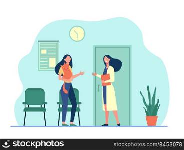 Woman visiting vet doctor with cat. Hospital, pet, examination flat vector illustration. Veterinary medicine and domestic animals concept for banner, website design or landing web page