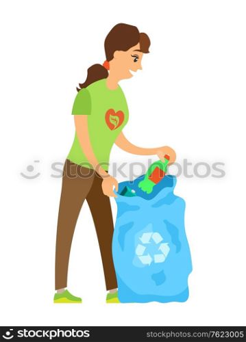 Woman volunteer holding bag with plastic, conversion of trash, activist scavenging, portrait view of volunteer character with bottle, globe caring vector. Volunteer Holding Bottle and Bag, Trash Vector