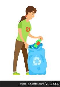 Woman volunteer holding bag with plastic, conversion of trash, activist scavenging, portrait view of volunteer character with bottle, globe caring vector. Volunteer Holding Bottle and Bag, Trash Vector