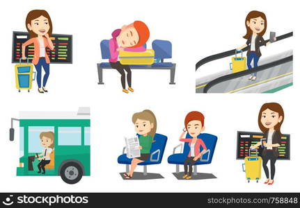 Woman waiting for a flight at the airport. Passenger with suitcase standing at the airport on the background of departure board. Set of vector flat design illustrations isolated on white background.. Transportation vector set with people traveling.