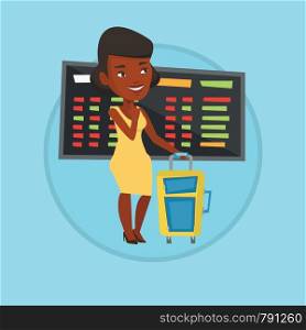 Woman waiting for a flight at the airport. Passenger with suitcase standing at the airport on the background of departure board. Vector flat design illustration in the circle isolated on background.. Young woman waiting for flight at the airport.
