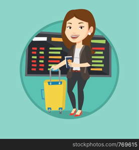 Woman waiting for a flight in airport. Passenger holding passport and airplane ticket. Woman with suitcase standing at the airport. Vector flat design illustration in the circle isolated on background. Woman with suitcase and ticket at the airport.