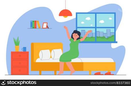 Woman waking up in morning flat vector illustration. Cheerful female character sitting on bed and stretching, getting ready for new day, getting up after sound sleep. Bedroom, home, routine concept