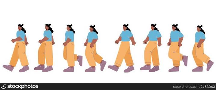 Woman walk animation, sequence cycle for game. Pictures frame with african girl teenager walking, going motion sprite sheet. Passerby, pedestrian movement, Cartoon flat vector line art illustration. Woman walk animation, sequence cycle for game
