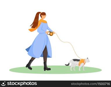Woman walk cat flat color vector faceless character. Female pet owner with kitten on leash. Animal fashion. Pet sitting isolated cartoon illustration for web graphic design and animation. Woman walk cat flat color vector faceless character
