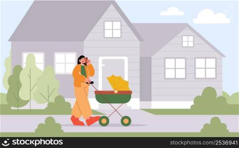 Woman walk with baby carriage. Mother push stroller with newborn child and talk on mobile phone. Vector flat illustration of family, maternity, parenthood concept. Mom walking with infant in pram. Woman walk with baby carriage
