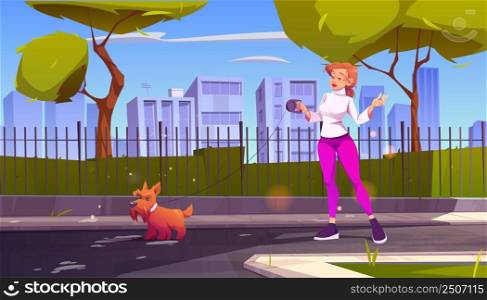 Woman walk with dog on city street. Vector cartoon illustration of summer landscape with road, garden and buildings behind fence, sidewalk, green trees, and girl with pet on leash. Woman walk with dog on city street