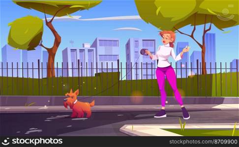 Woman walk with dog on city street. Vector cartoon illustration of summer landscape with road, garden and buildings behind fence, sidewalk, green trees, and girl with pet on leash. Woman walk with dog on city street