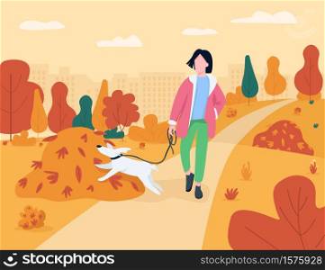 Woman walk with dog semi flat vector illustration. Autumn season recreation in city park. Girl with doggy on leash in urban garden. Female pet owner 2D cartoon characters for commercial use. Woman walk with dog semi flat vector illustration