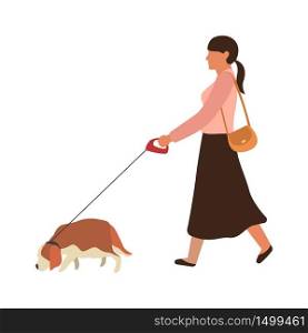 Woman walking a dog. Young happy girl goes for a walk with pet in city street, simple flat vector person. Woman walking a dog. Young girl goes for a walk with pet in city street, simple flat vector person