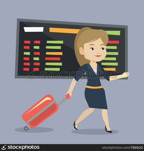 Woman walking at the airport. Passenger with suitcase walking on the background of schedule board at the airport. Woman pulling suitcase in airport. Vector flat design illustration. Square layout.. Woman walking with suitcase at the airport.