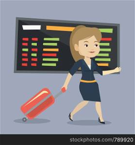Woman walking at the airport. Passenger with suitcase walking on the background of schedule board at the airport. Woman pulling suitcase in airport. Vector flat design illustration. Square layout.. Woman walking with suitcase at the airport.