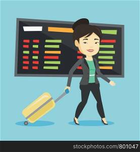 Woman walking at the airport. Passenger with suitcase walking on the background of schedule board at the airport. Woman pulling suitcase in airport. Vector flat design illustration. Square layout.. Woman walking with suitcase at the airport.
