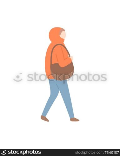 Woman walking carrying handbag and wearing cold seasonal clothes vector. Lady outdoor going home, wintertime frost and warming clothing on female. Woman Walking Carrying Handbag Seasonal Clothes