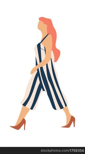 Woman walking. Cartoon young female character in trendy striped jumpsuit and high-heeled shoes. Isolated redhead girl going to work alone. Casual summer clothes, modern outfit. Vector illustration. Woman walking. Cartoon young female character in striped jumpsuit and high-heeled shoes. Redhead girl going to work alone. Casual summer clothes, modern outfit. Vector illustration