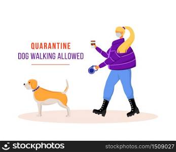 Woman walking dog during quarantine flat color vector faceless character. Pet owner with face mask. Virus outbreak rules isolated cartoon illustration for web graphic design and animation