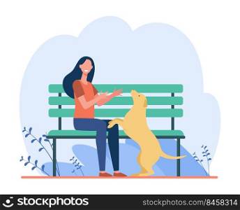 Woman walking dog in park. Girl playing with her pet outside. Flat vector illustration. Domestic animal, dog training, leisure concept for banner, website design or landing web page