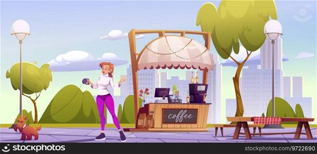 Woman walking dog on leash near coffee shop in summer city park. Vector cartoon illustration of female character with pet in public garden, small outdoor cafe, street lanterns, cityscape background. Woman walking dog near coffee shop in park