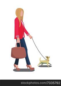 Woman walking her dog, poster with blonde woman, and dog on leash, lady wearing pink jacket and handbag in hands, isolated on vector illustration. Woman Walking Her Dog Poster Vector Illustration