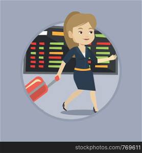 Woman walking in airport. Passenger walking on the background of schedule board at the airport. Woman pulling suitcase in airport. Vector flat design illustration in the circle isolated on background.. Woman walking with suitcase at the airport.