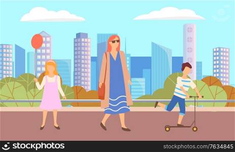 Woman walking in city park. Girl with red balloon stand on street. Boy riding scooter on asphalted road. Lady in dress and cardigan. Beautiful landscape on background. Vector illustration flat style. Lady and Girl with Balloon, Boy on Scooter in Park