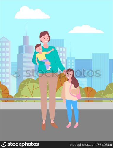 Woman walking in urban park with son and daughter. Happy family strolling together. Lady holding baby on her hands. Beautiful landscape of city on background. Vector illustration in flat style. Lady and Girl with Balloon, Boy on Scooter in Park